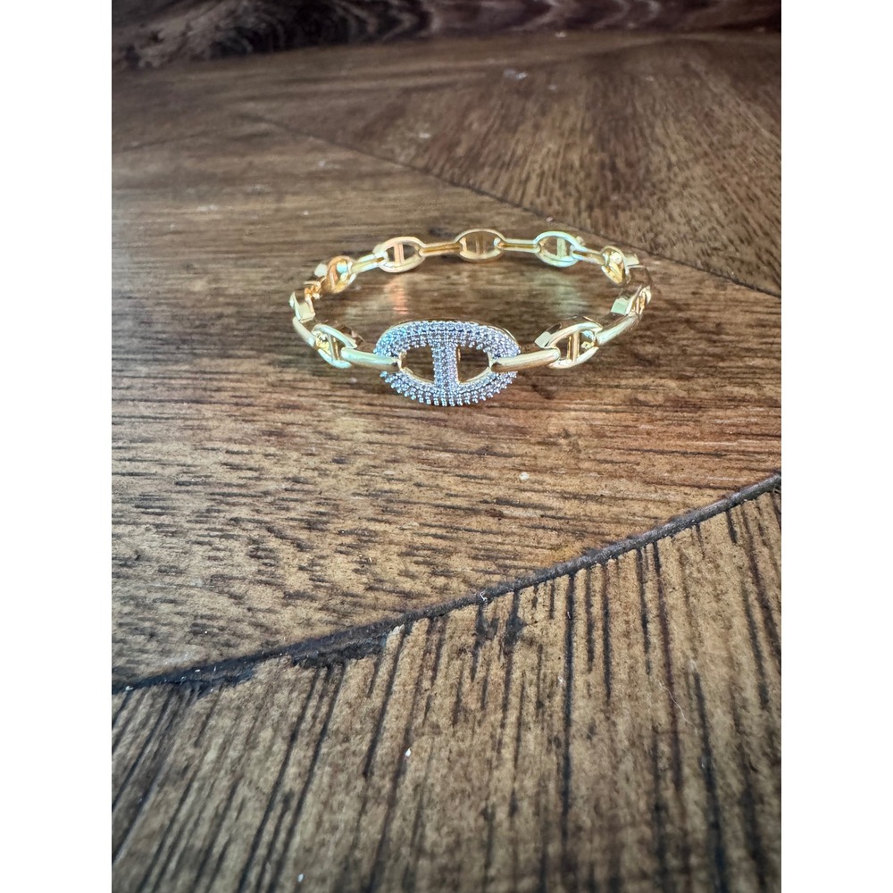 Gold Tone Pave Crystal Anchor Link Bangle Bracelet Nautical H Link Hinged
